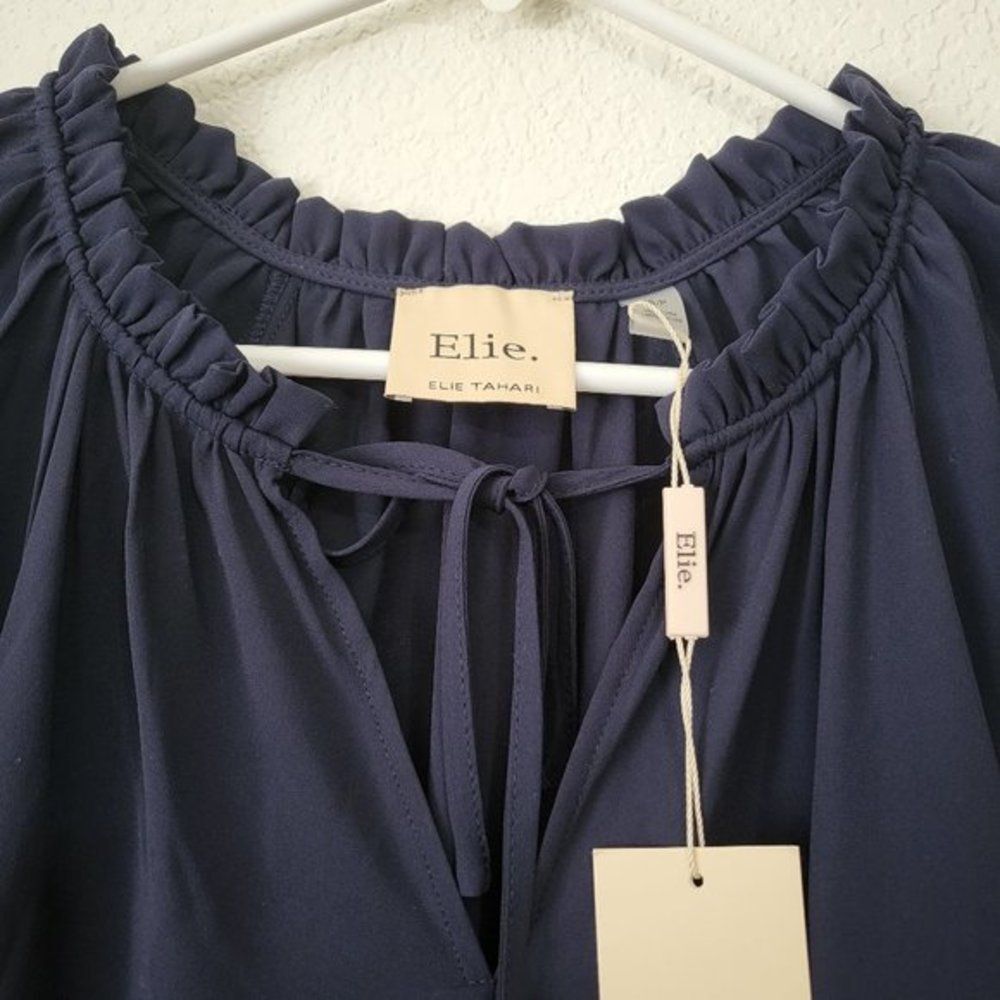Women's Elie Tahari Tie Ruffle Neck Blouse Elastic Short‎ Sleeves Blue Top Sz S - Picture 6 of 8